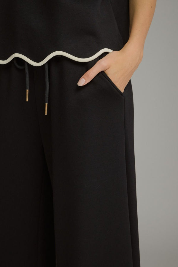 Solid Scallop Pants Set- Black