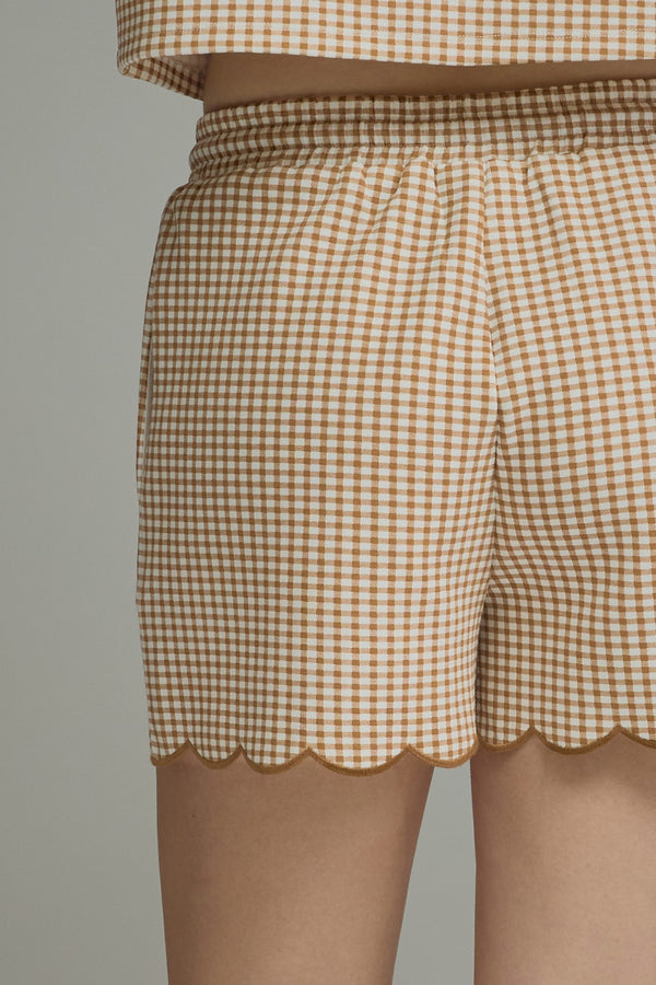 Gingham Scalloped Short Set- Camel