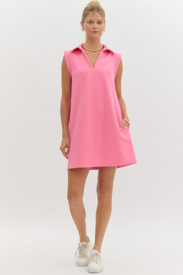 Collared V-Neck Sleeveless Dress- Candy Pink