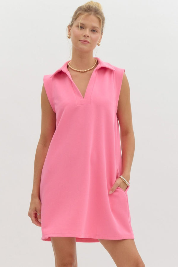 Collared V-Neck Sleeveless Dress- Candy Pink