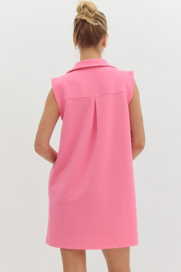 Collared V-Neck Sleeveless Dress- Candy Pink