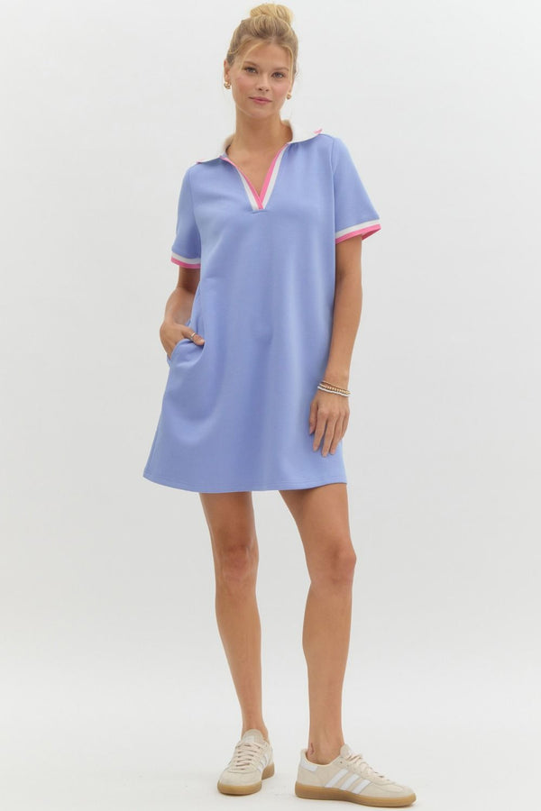 Pullover Rib Knit Collar Dress- Blue