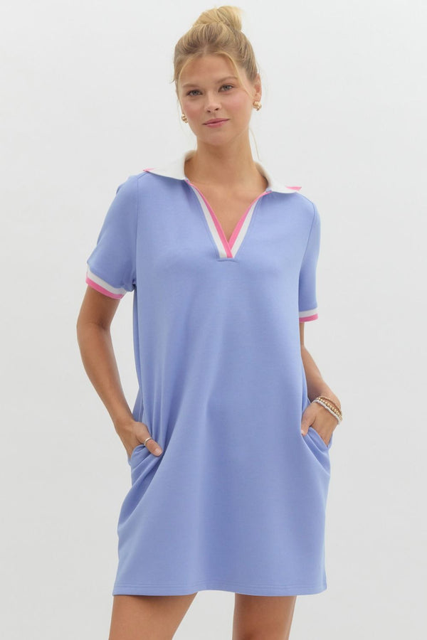 Pullover Rib Knit Collar Dress- Blue