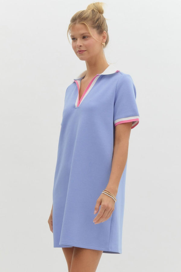 Pullover Rib Knit Collar Dress- Blue
