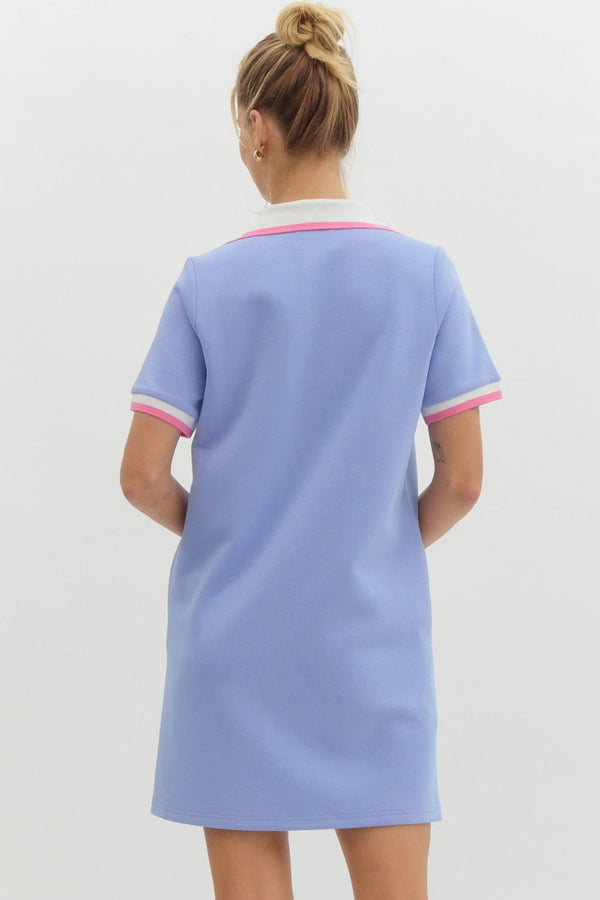 Pullover Rib Knit Collar Dress- Blue