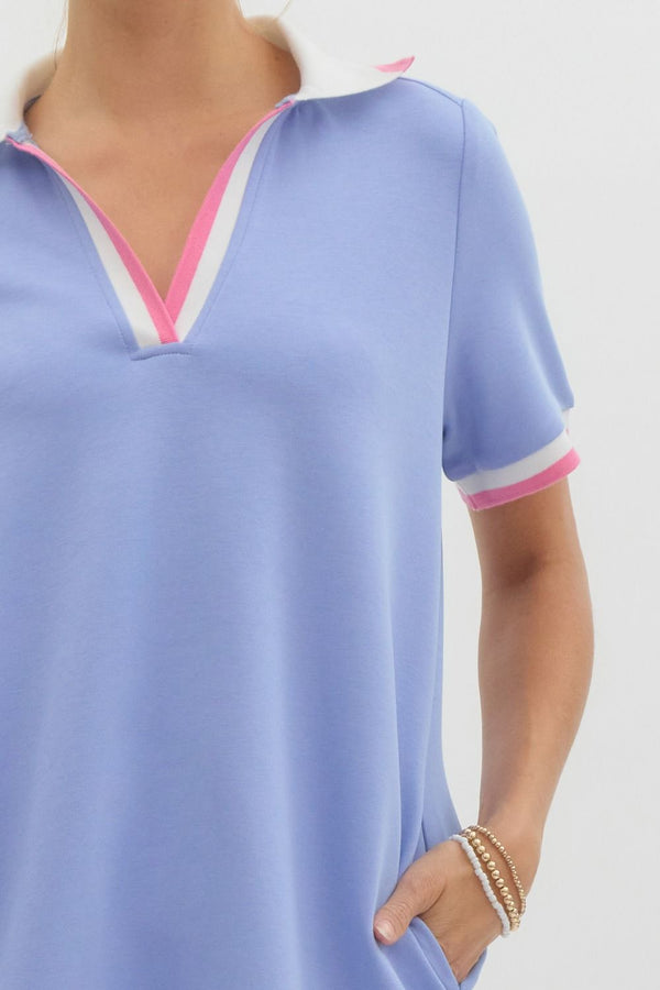 Pullover Rib Knit Collar Dress- Blue