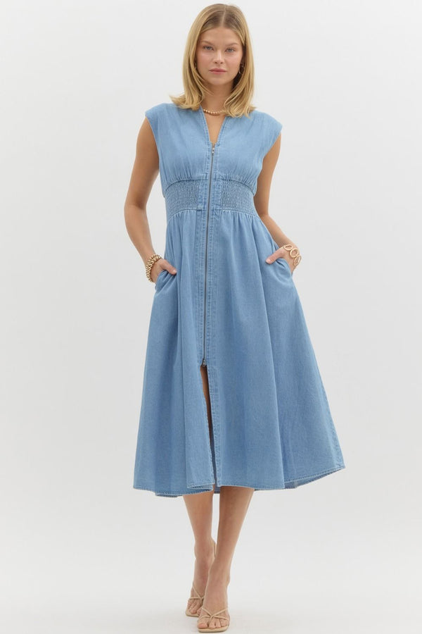 Denim Sleeveless Zip Up Dress- Light Blue