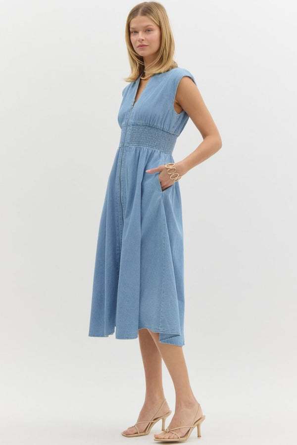 Denim Sleeveless Zip Up Dress- Light Blue