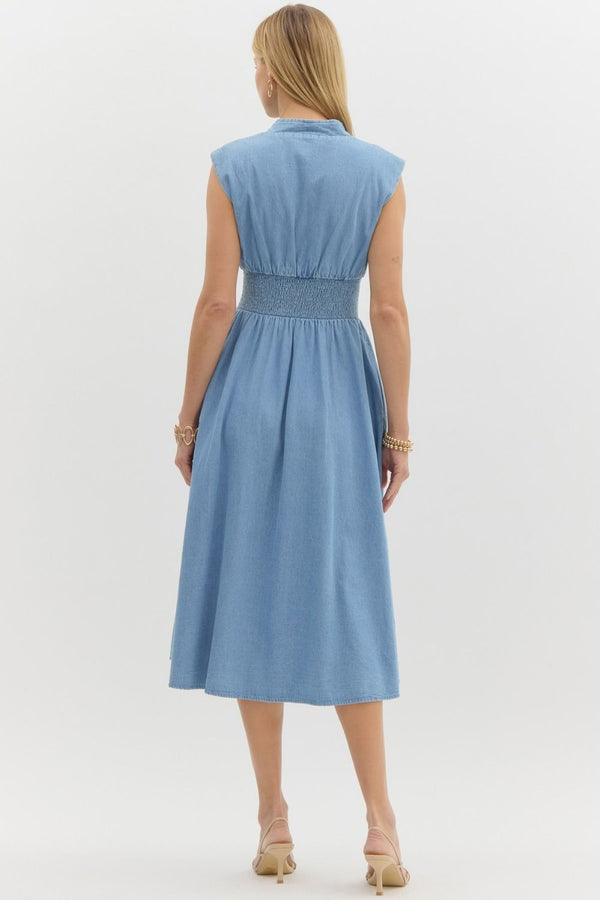 Denim Sleeveless Zip Up Dress- Light Blue
