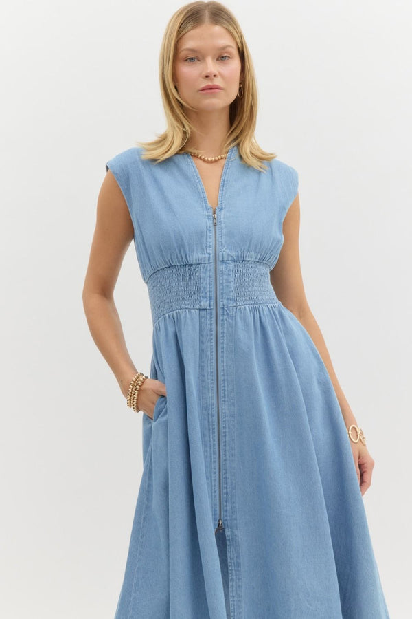 Denim Sleeveless Zip Up Dress- Light Blue