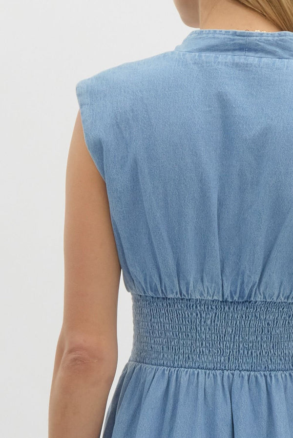 Denim Sleeveless Zip Up Dress- Light Blue