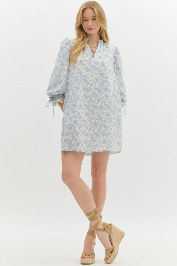 Floral Print Pullover Dress- Blue