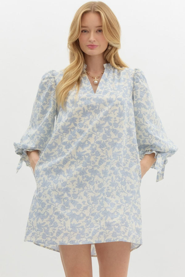 Floral Print Pullover Dress- Blue