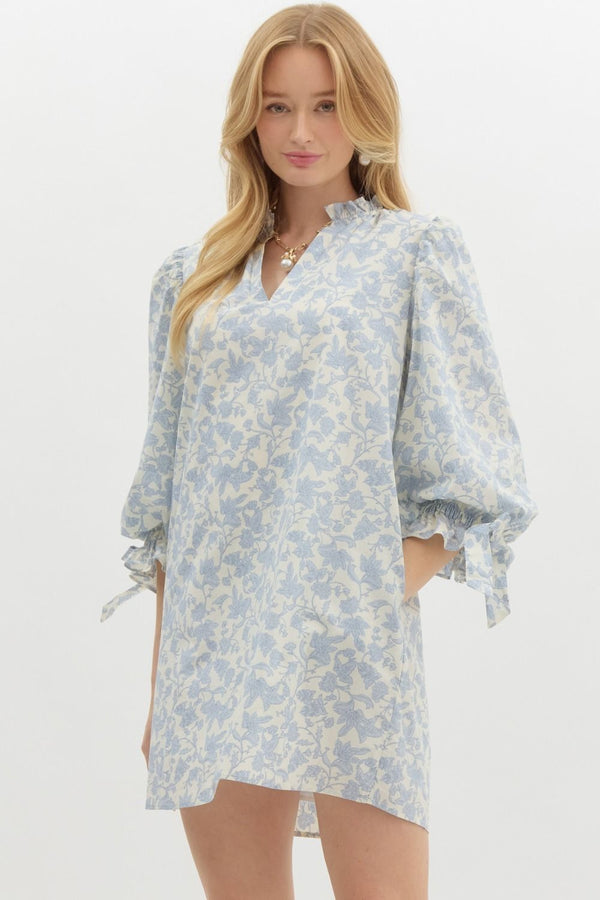 Floral Print Pullover Dress- Blue