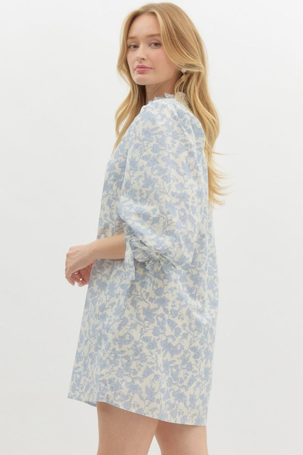 Floral Print Pullover Dress- Blue