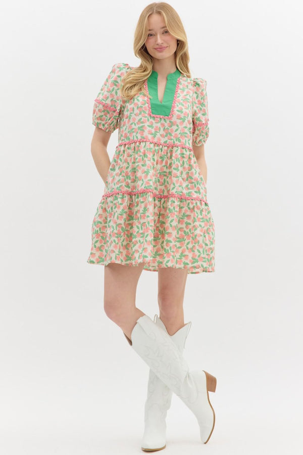 Floral V-Neck Tiered Dress- Pink