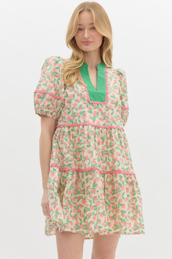 Floral V-Neck Tiered Dress- Pink