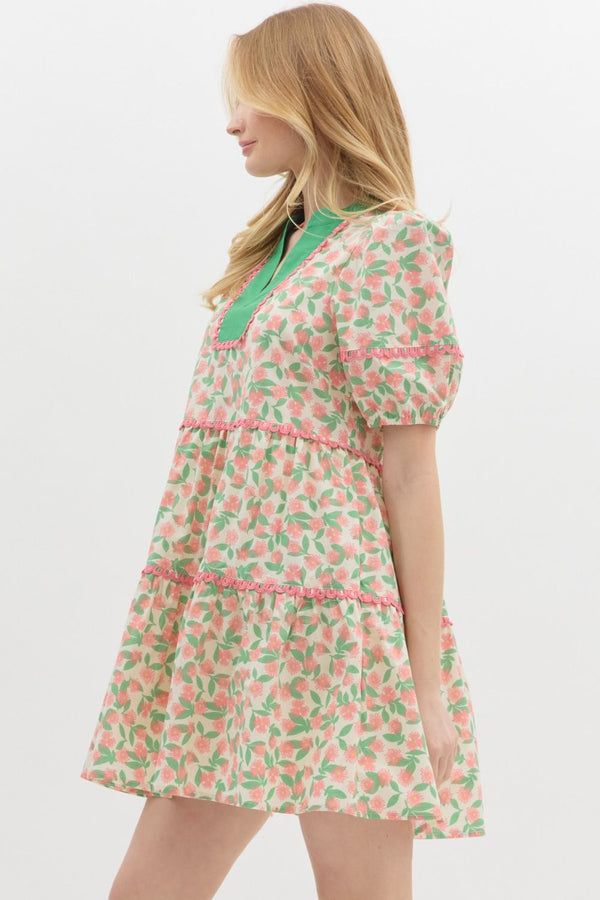 Floral V-Neck Tiered Dress- Pink