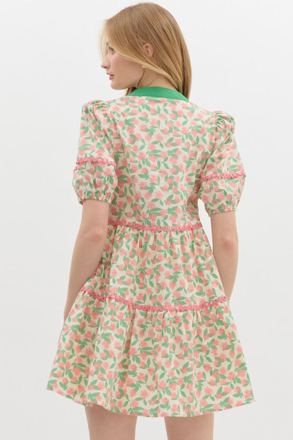Floral V-Neck Tiered Dress- Pink