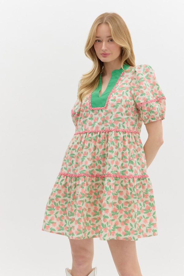 Floral V-Neck Tiered Dress- Pink
