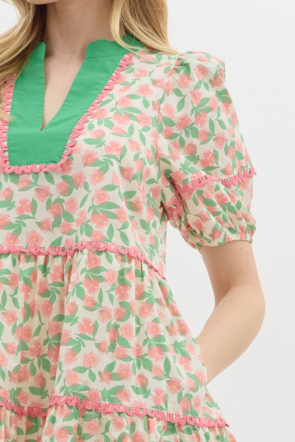 Floral V-Neck Tiered Dress- Pink