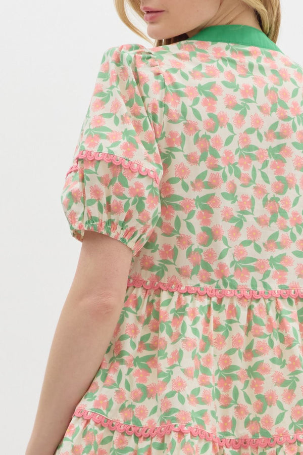 Floral V-Neck Tiered Dress- Pink