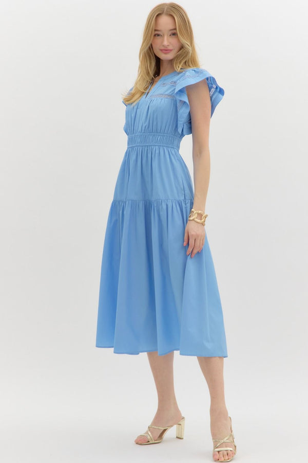 V-Neck Tiered Midi Dress- Chambray