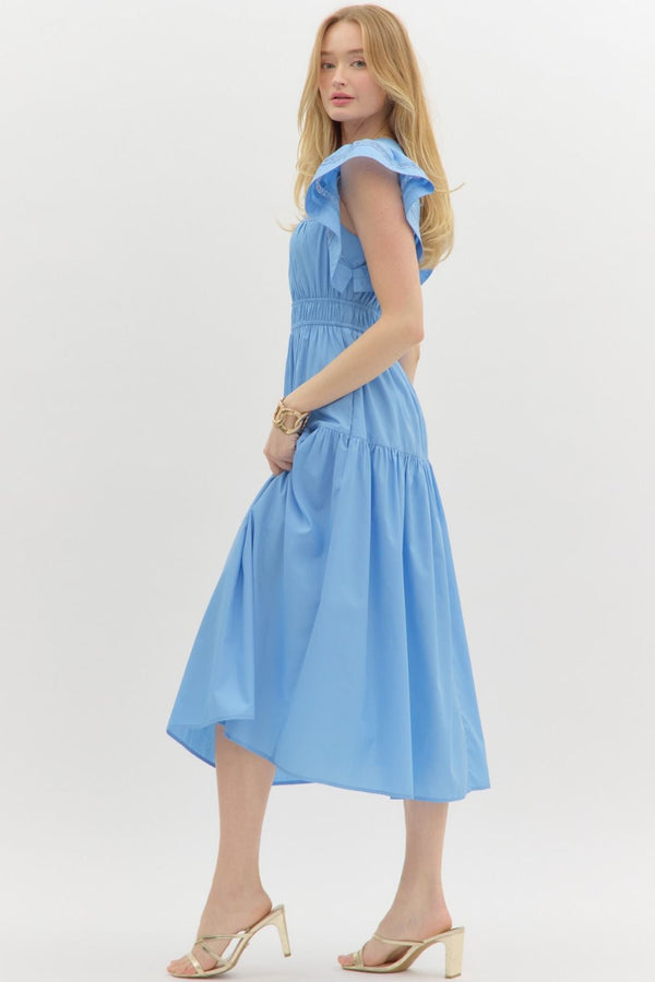 V-Neck Tiered Midi Dress- Chambray