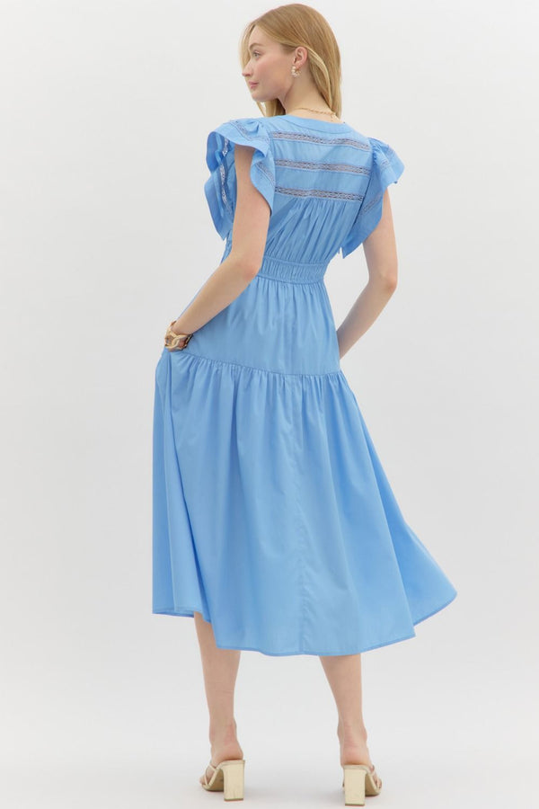 V-Neck Tiered Midi Dress- Chambray