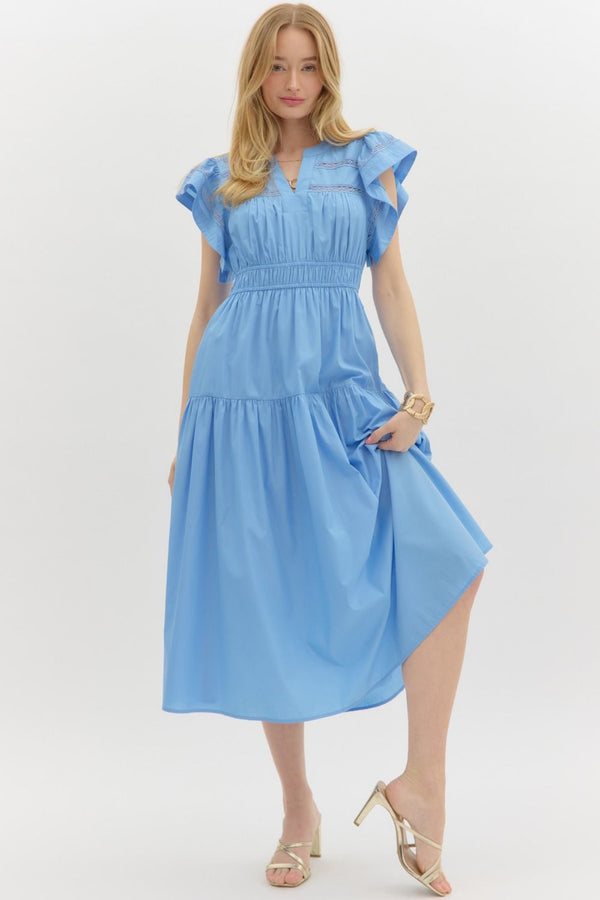V-Neck Tiered Midi Dress- Chambray