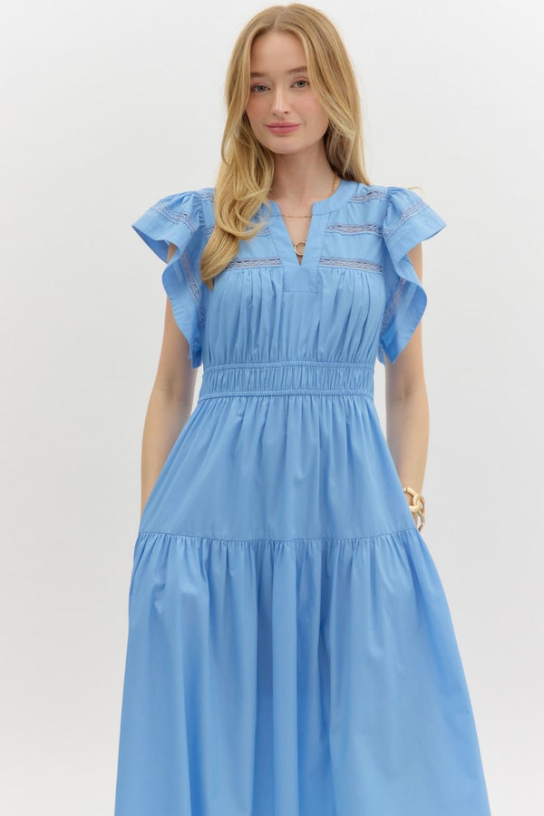 V-Neck Tiered Midi Dress- Chambray