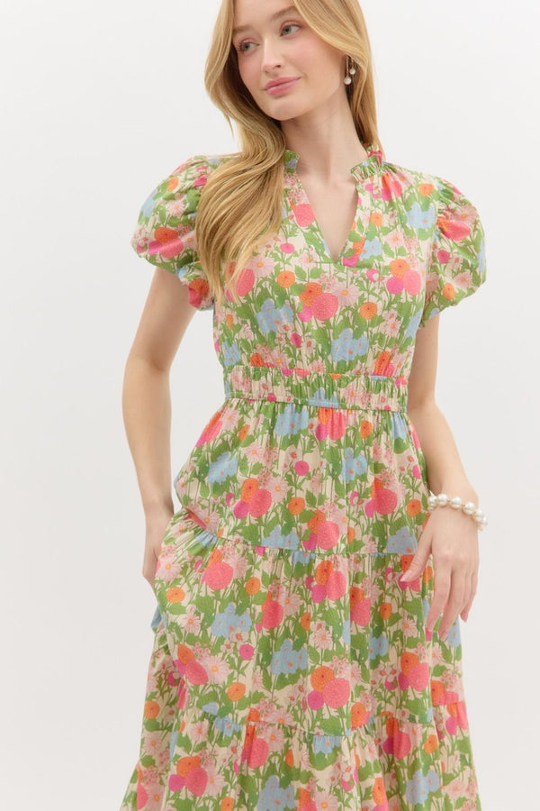 Puff Sleeve Pullover Tiered Dress- Marigold