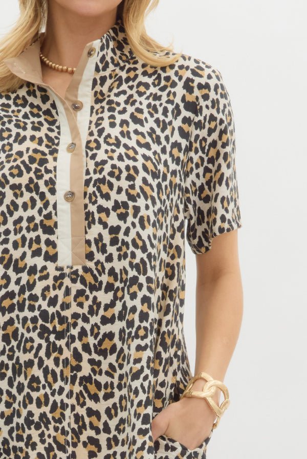 Leopard Print Pullover Dress- Camel