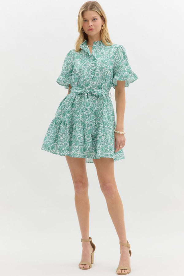 Floral Print Ruffle Sleeve Pullover Dress- Green