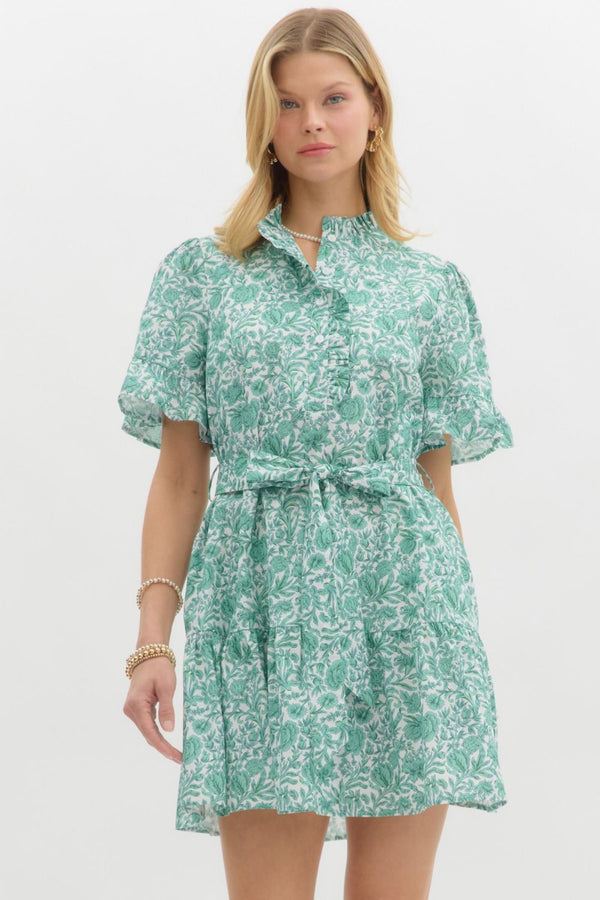 Floral Print Ruffle Sleeve Pullover Dress- Green