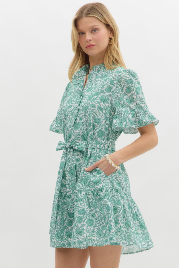 Floral Print Ruffle Sleeve Pullover Dress- Green