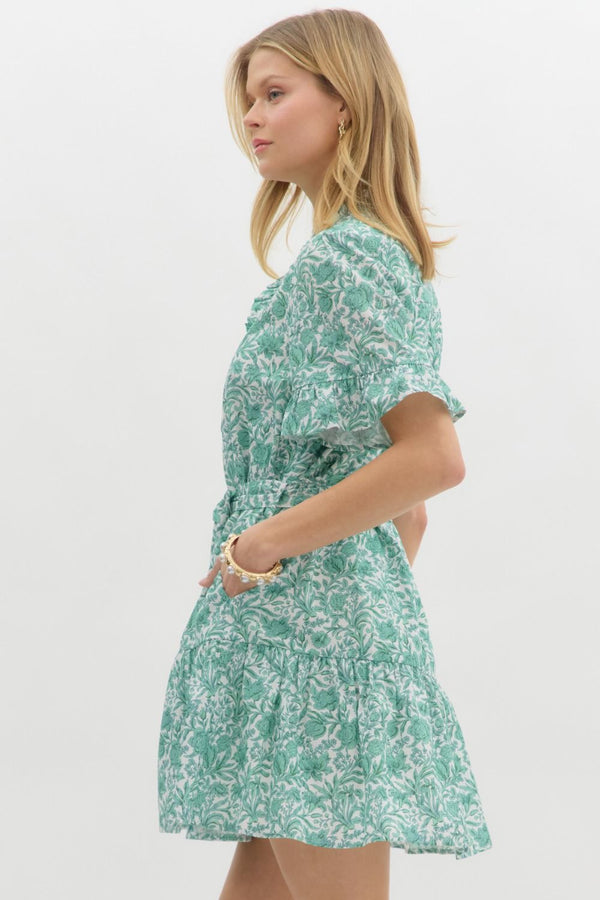 Floral Print Ruffle Sleeve Pullover Dress- Green