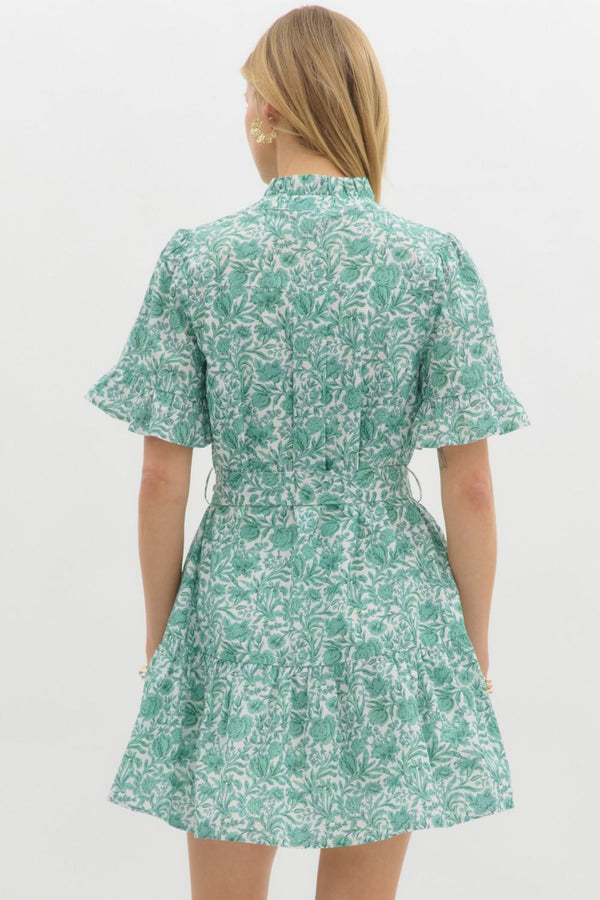 Floral Print Ruffle Sleeve Pullover Dress- Green