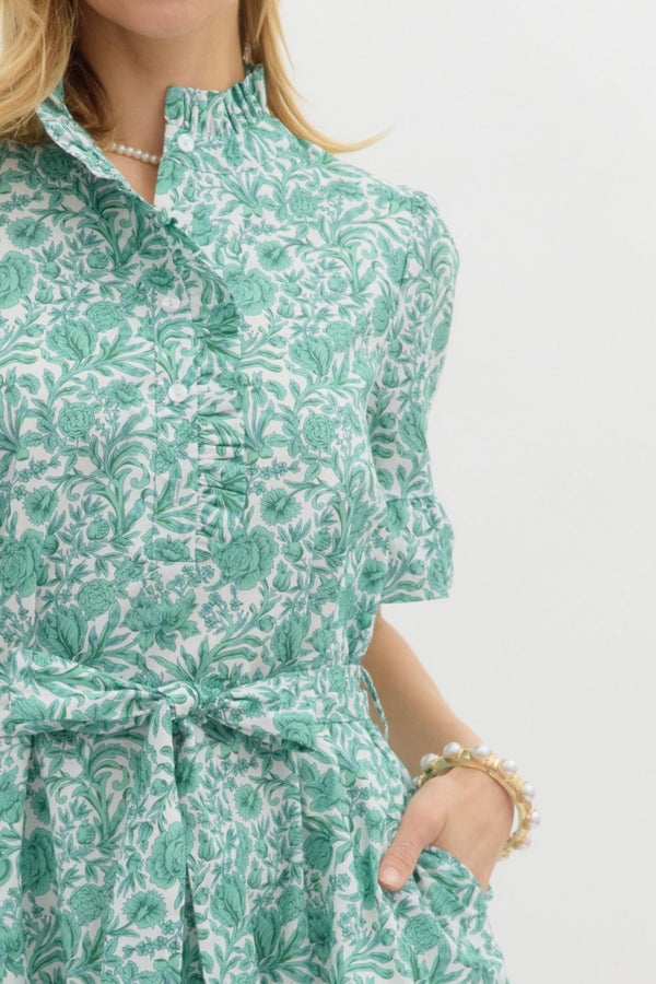 Floral Print Ruffle Sleeve Pullover Dress- Green