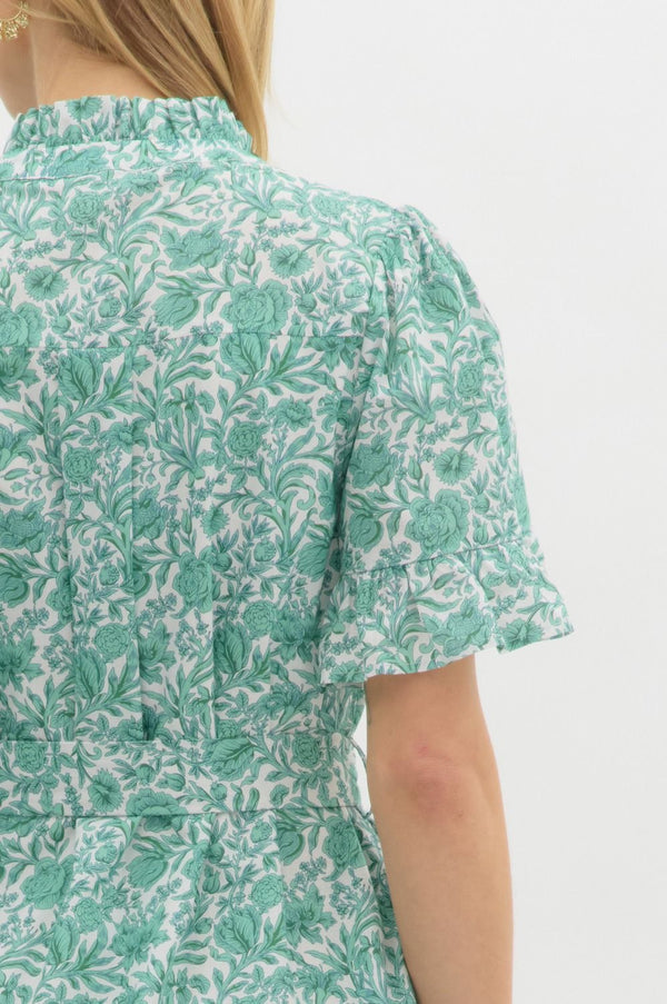 Floral Print Ruffle Sleeve Pullover Dress- Green