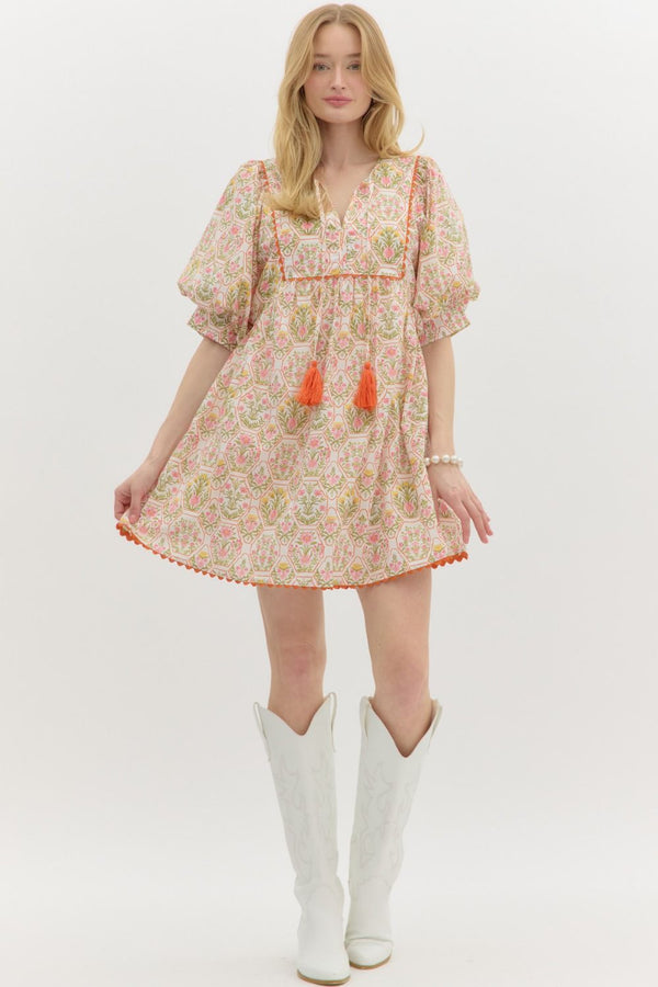 Floral Honeycomb Print Dress- Orange