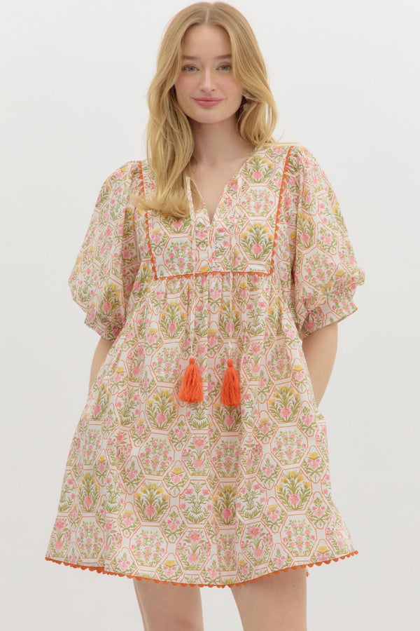 Floral Honeycomb Print Dress- Orange