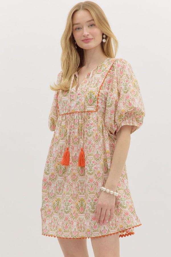 Floral Honeycomb Print Dress- Orange