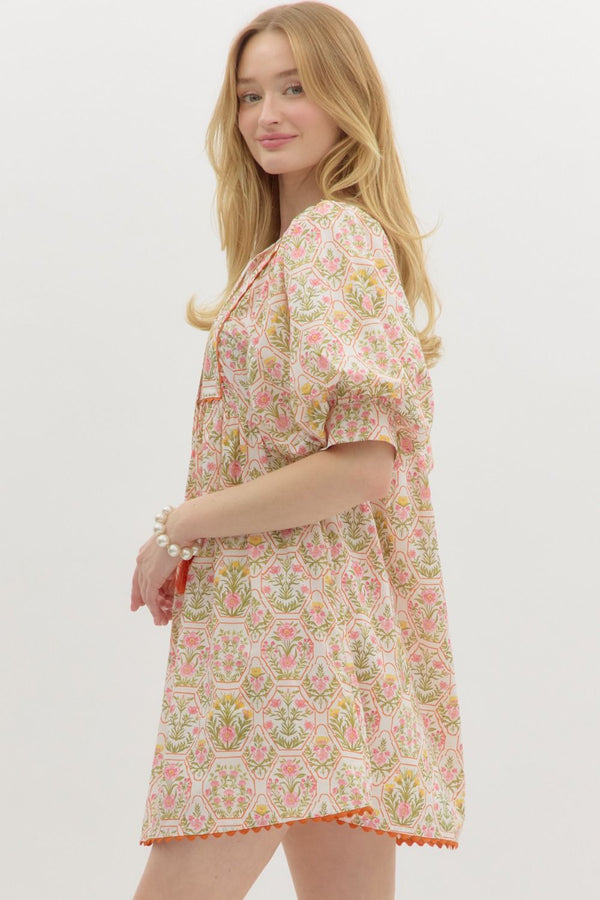 Floral Honeycomb Print Dress- Orange