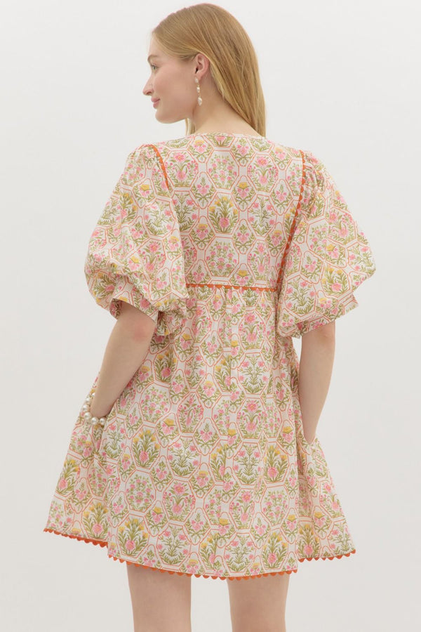 Floral Honeycomb Print Dress- Orange