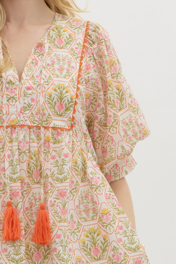 Floral Honeycomb Print Dress- Orange
