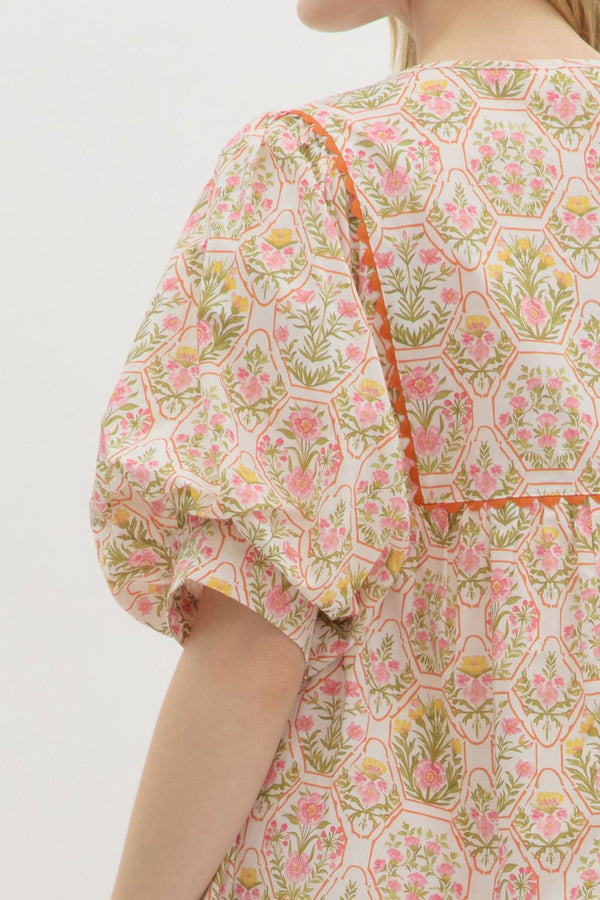 Floral Honeycomb Print Dress- Orange