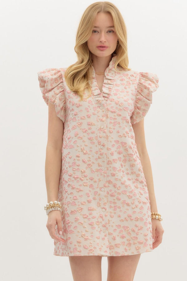 Ruffle V-Neck Dress- Pink