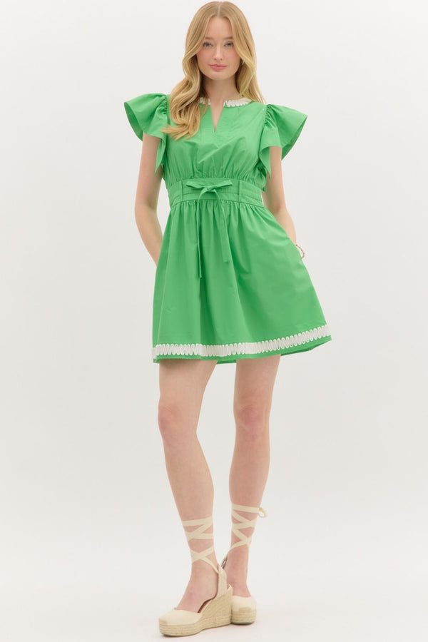 Solid Flutter Sleeve Pullover Dress- Green