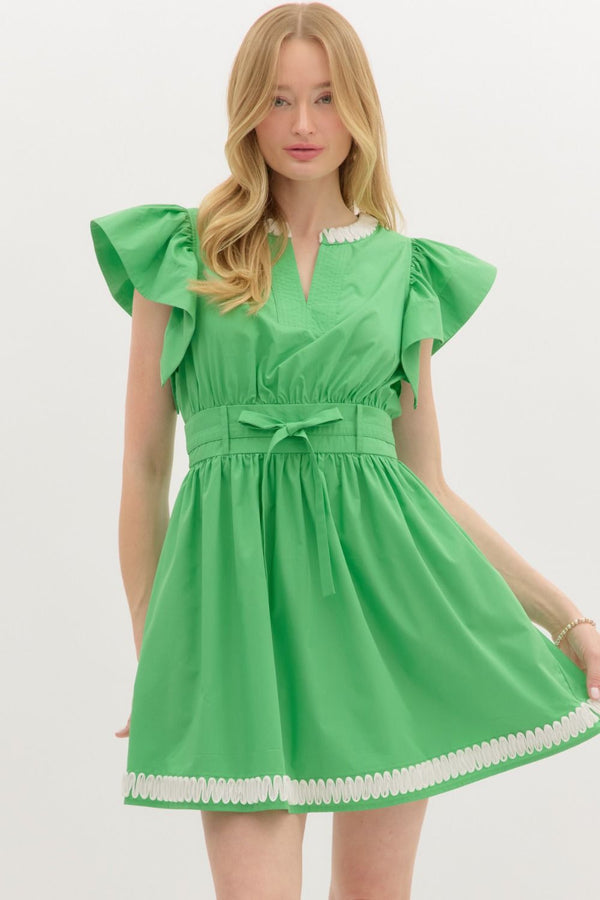 Solid Flutter Sleeve Pullover Dress- Green